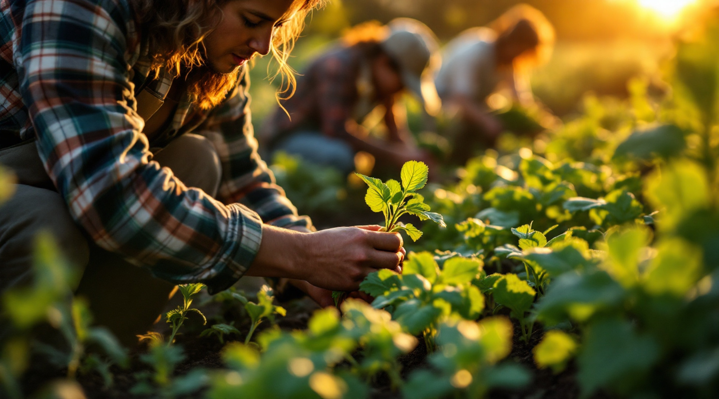 Farmers working in the field at golden hour